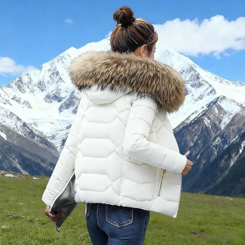 Vhersily 2025 Steppjacke für Damen, kurz, gepolstert, mit Pelzkapuze, winddicht, elegant, Softshelljacke, Urban Style, Y2K, modische Winterjacke mit unifarbenen Taschen für Arbeit und Spaziergänge