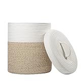 Yimi's Dream Lidded Storage Basket, Medium Cotton Rope Basket with Lid, Small Round Storage Basket for Nursery, Living Room, Kids, Blanket, Toys (12''D * 13.5''H, Brown & White)