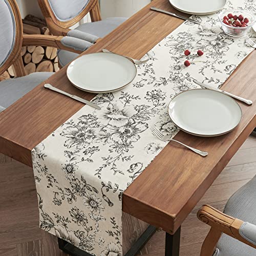 jinchan Floral Linen Table Runner for Kitchen Farmhouse 13 x 72 Inch for Kitchen Island Cloth Dining Table Indoor Outdoor Decor 1 Panel Black on Beige