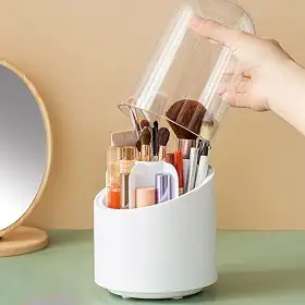 Organizador Pincéis Porta Maquiagem Giratório 360° Com 7 Divisórias e Tampa (Branco)
