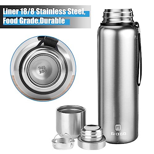 Insulated Vacuum Thermo Bottle 1000Ml/33Oz With Cup Stainless Steel Coffee Bottles For Hot And Cold Drink Water Flask.(Silver,1000Ml) #TOP2