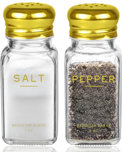 Image of Gold Salt and Pepper Shakers Set by Brighter Barns - Gold Kitchen Decor & Accessories - Neutral Minimal Decor - Modern Glass Shakers with Stainless Steel Lids for Home, Restaurants