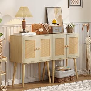Sideboard Buffet Kitchen Storage Cabinet , Small Coffee Bar Cabinet with Rattan Doors and Tall Solid Wood Legs, Boho Accent Media Console Credenza Cabinet for Entryway,Living Room,Kitchen, Small Space