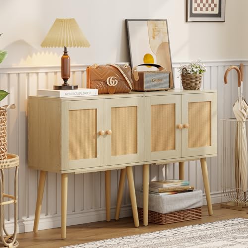 Sideboard Buffet Kitchen Storage Cabinet , Small Coffee Bar Cabinet with Rattan Doors and Tall Solid Wood Legs, Boho Accent Media Console Credenza Cabinet for Entryway,Living Room,Kitchen, Small Space