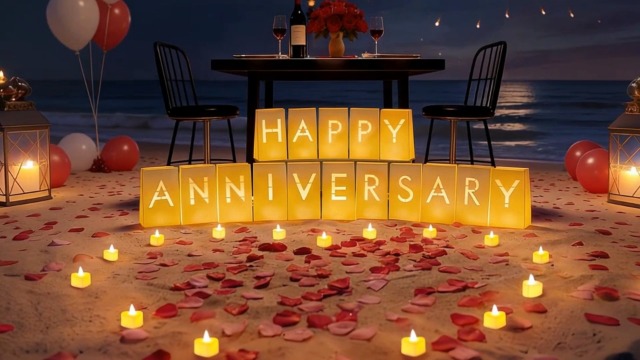 Image of Happy Anniversary Decorations, Light Up Letters Luminaries Bags | 2000PC Rose Petals and 30PC Candles Set | Anniversary Party Decorations | Create Romantic Ambiance