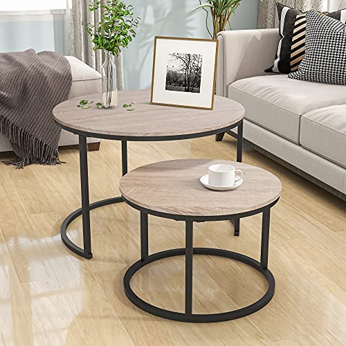 Image of HOJINLINERO Round Coffee Table,Nesting Coffee Table Set of 2,Center Tables for Living Room,Office, Home Small Space,Stacking Side Tables,Sturdy and Easy Assembly,Wood Desktop,Black+Teak OAKDK,Large