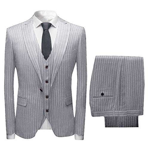 Men's Pinstripe 3 Pieces Suit Slim Fit Single Breasted Business Wedding Party Jacket Vest Pants Set