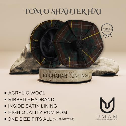 Image of Scottish Tam O' Shanter Hat Tartan Bonnet Pom Pom Wool Flat Cap One Size