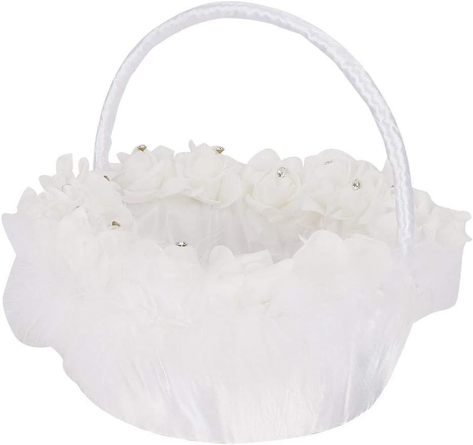 DIXII Flower Girl Basket for Wedding Decoration Lightweight Elegant Wedding Candy Basket with White Satin Decorated Wedding Basket