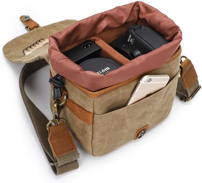 Vintage Canvas DSLR/SLR Camera Bag - Thick Protective Case for Camera and Lens - Water Resistant - Sling Shoulder Bag for Photography, Hiking, Shooting, and Traveling(Army Green) - Image 5