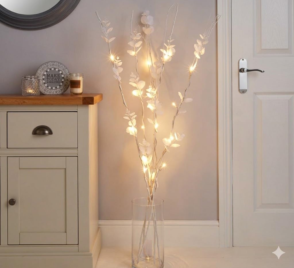 Bloomingtons Direct White Led Twig Branch With Eucalyptus Leaves Warm Decorative Willow Branches, Battery Powered Lights, Home & Indoor Christmas Light Up Decorations, Cozy Festive Décor With 60 Led Lights