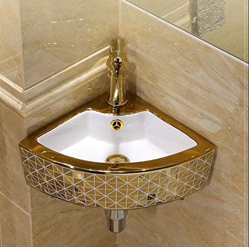 Image of BASSINO 13x17x5 Inches Ceramic Wall Mount Wash Basin /1 Year Warranty /Triangle Tabletop Basin for Bathroom /Above Counter Sink for Dining Hall /Living Room /Hotel /Office(White & Gold Finish)