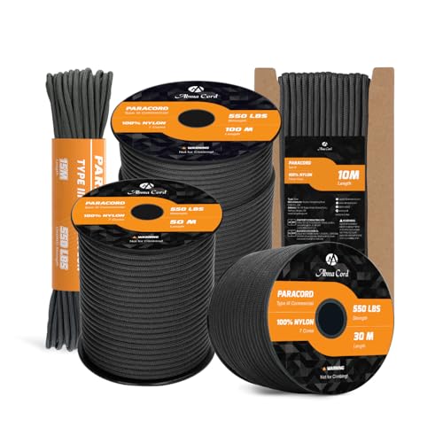 Abma Cord Paracord 550 4mm Nylon Corda (10m-15m-30m-50m) Tipo III Corda da Paracadute a 7 Fili Cavo di Sopravvivenza, Cavo Militare - Max. 250 kg - Nero, 10m
