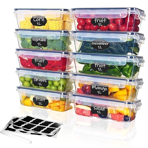 Ordeluxe Lot de 10 x 1L Boite Rangement Cuisine, boite hermetique alimentaire, Boite Alimentaire Plastique Cuisine, Sans BPA, Adaptés au Micro-ondes, au Congélateur et au Lave-vaisselle