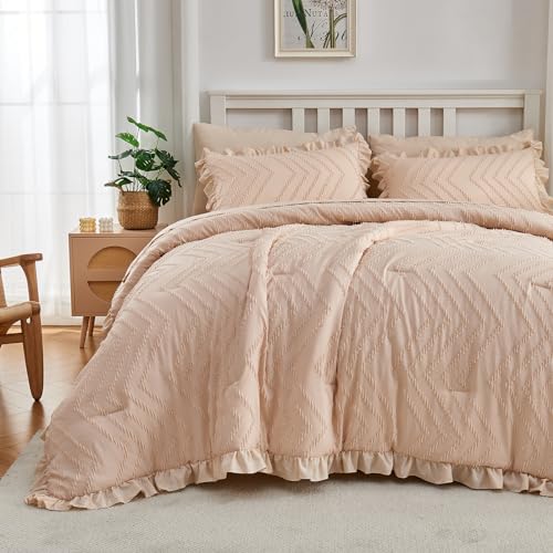Image of DECMAY Twin/Twin XL Comforter Set Boho Bed in a Bag Ruffle Comforter for Girls 5 Pieces Tufted Shabby Chic Bedding Set with Sheets for College Dorm, Beige