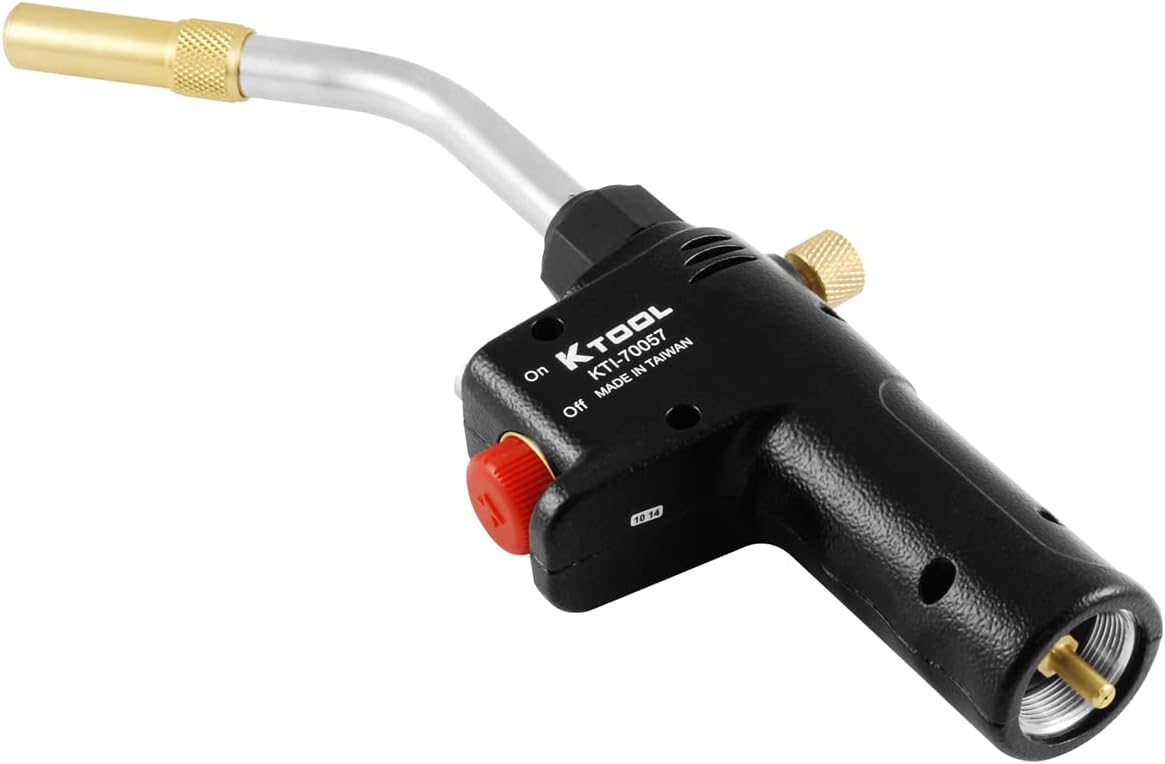 K Tool International 70057 Self Igniting Propane Torch Head with Piezo Igniter for Garages, Repair Shops and DIY, Safety Lock, Ignition Button Lock, Ergonomic Handle, Includes Replacement Tip