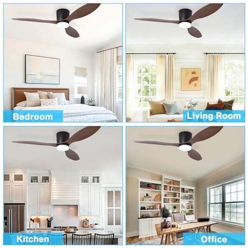 Image of Depuley Flush Mount Ceiling Fan: 52-Inch Black Ceiling Fans with Lights for Bedroom Indoor Outdoor - Low Profile Ceiling Fans with Remote Control 24W 3CCT Dimmable 3 Reversible Walnut Blades 6 Speeds