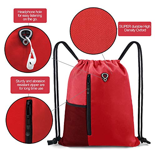 Image of BeeGreen Red Lightweight Drawstring Backpack For Women W Water Bottle Pocket &Front Zippered Pocket Large Sports String Sackpack For Traveling Yoga Beach Outdoor Gym