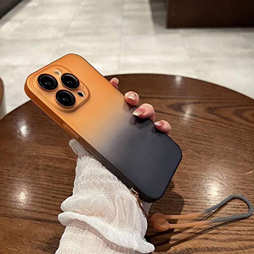 Coque iPhone 14 rigide mate dégradée orange et noir avec cordon de transport