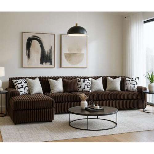 Image of Signature Design by Ashley Midnight-Madness 3-Piece Sectional with Chaise, Large L-Shaped Couch, Deep Seat Sectional, Brown Jumbo Corduroy Sofa, Reversible Cushions, Chocolate Brown, 190 inch W