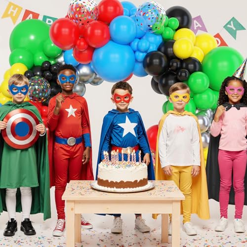 Image of Amandir 153pcs Red Blue Yellow Black Green Balloon Arch Kit Different size | 18 12 10 5inch Metallic Silver Star Confetti Colorful Balloons Birthday Carnival Video Themed Party Decorations
