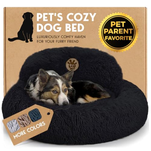 PetJett Calming Dog Bed Medium Size Dog - 30 Donut Bed Anti-Slip & Washable Super Soft Fluffy Plush Round Bed Anti-Anxiety Premium Comfort Pet Bed Fits Dogs up to 45 lbs - Black