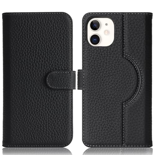 Image of Detachable Genuine Leather Case for iPhone 12 /12 Pro Wallet Case Magnetic 2in1 Removable Flip Cover Book Purse Compatible with Magsafe Charging Kickstand Card Holder-Black