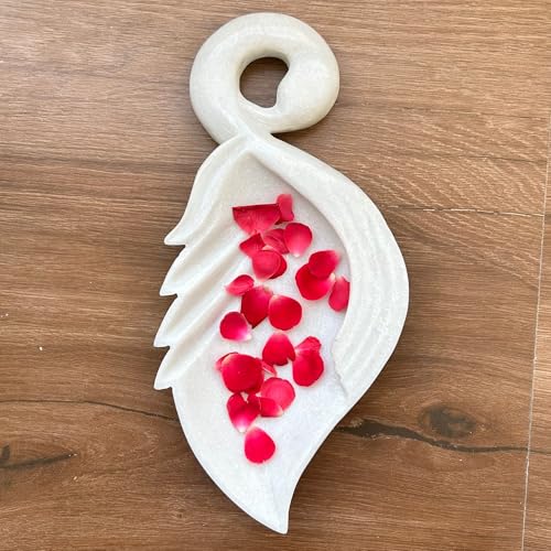 Image of Marble Urli Bowl for Decoration | Big Potpourri Decorative Bowls in Home decor | Large White Floating Flower Plates of Stone | Small Shape puja Item | (14 inch, Flame)