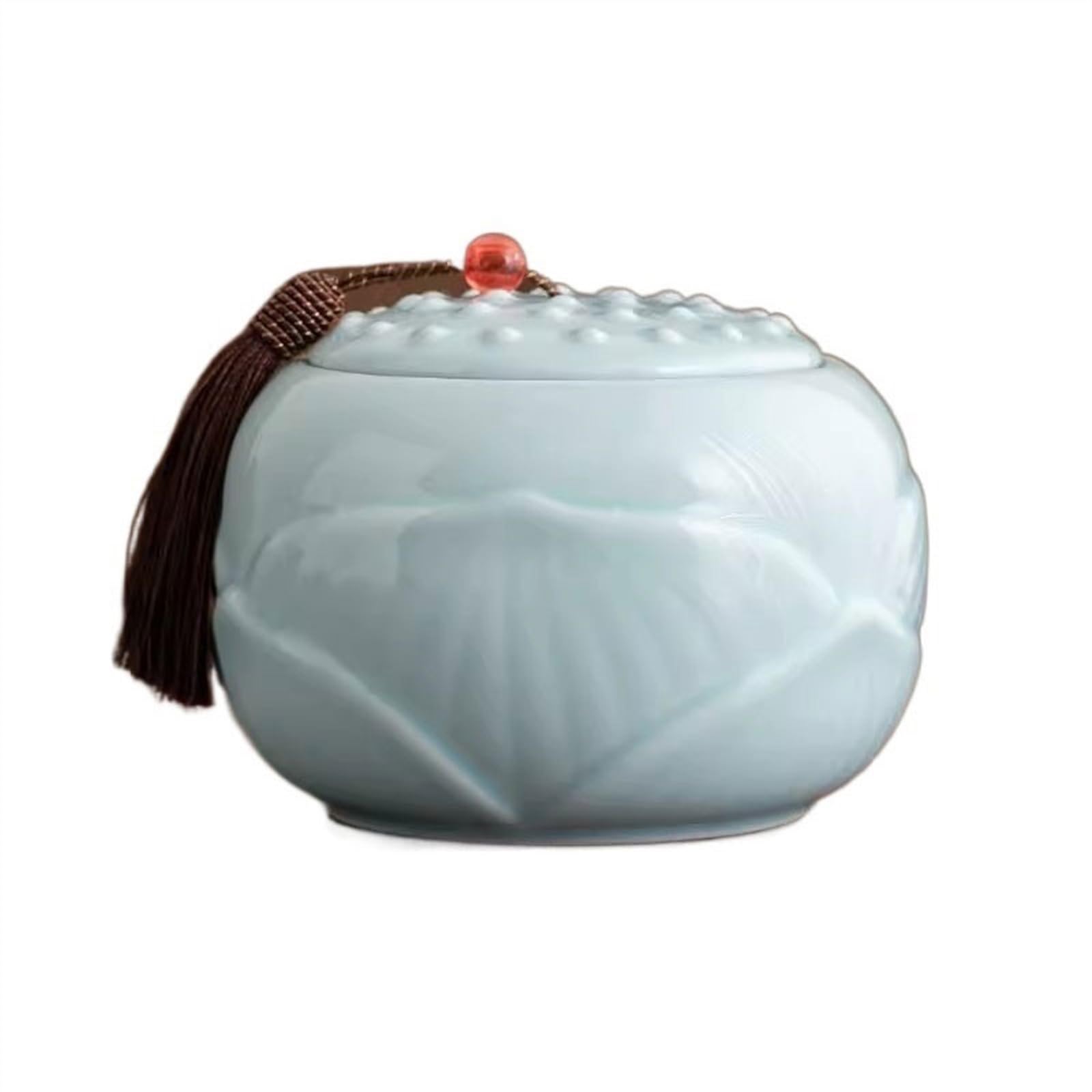 Hhaoran-9868 Ceramic Tea Canister Creative Lotus Shape Ceramic Tea Canister Tassel Decoration Loose Handmade Sugar with Lid Food Canisters for Kitchen