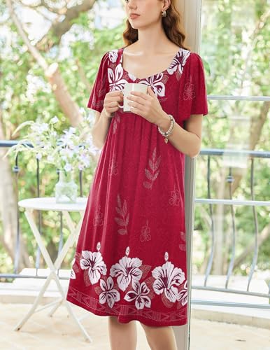 Image of Ekouaer Women's House Dress - Pleated Nightgown with Short Sleeves & Pockets