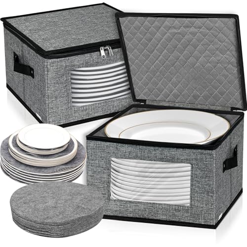 VERONLY Cajas de almacenamiento para vajilla de porcelana con tapa y asas, caja de almacenamiento para vajilla con 12 separadores de fieltro, puede contener 24 platos, 30,5 x 30,5 x 20,3 cm
