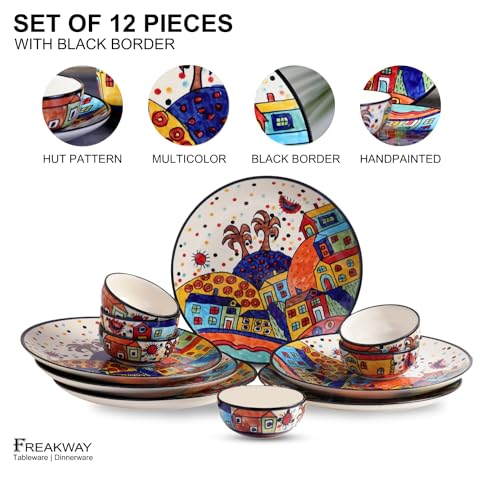 Image of Freakway Hut Family Hand-Painted Glossy Dinner Set Ceramic Stoneware Dinner Set of 12 Pieces | 6 Dinner Plate 10.3 Inch & 6 Serving Bowls 180 Ml | Dishwasher & Microwave Safe - Multicolor, Solid