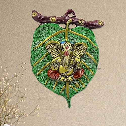 Image of ascension Ganpati Metal Green Lord Leaf Ganesh Idol Patta Statue Decorative Wall Hanging Showpiece Figurine (Green & Multicolour)