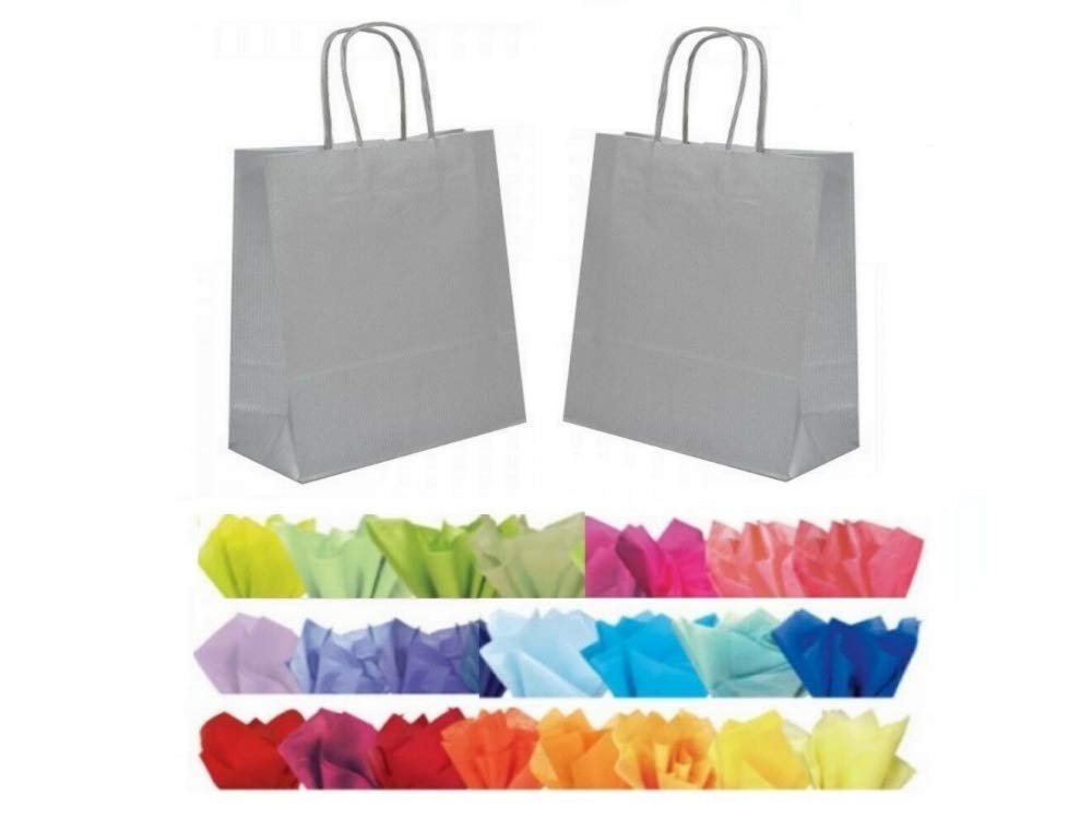 x 10 SILVER GREY GIFT BAGS WITH TISSUE PAPER - CHRISTMAS/BIRTHDAY/PARTY BAG — image 1