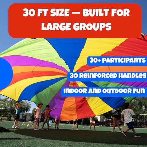 Image of Activejoy - Parachute for Kids - 8ft /12ft / 16ft / 20ft / 24 ft / 30ft - Rainbow Parachute Toy with Handles - Great for Gym Class, Field Day & Outdoor Games