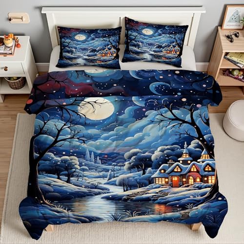 Piumino Matrimoniale Luna Trapunte Paesaggio Innevato Cartone Piumone Imbottito Resistente Lavabile, Super Morbida Trapunta, piumini 200x200 cm in Microfibra Reversibile e 2 Federa 50x80 cmT196