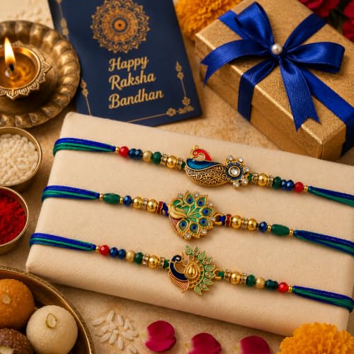 Image of Set of 3 Ganesha & Rudraksha Rakhi for Brother Rakhee for Brothers | Raksha Bandhan Om Rakhi for Brother Rakhi Set with Greeting Card & Roli