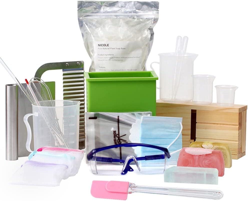 BOOWAN NICOLE Complete DIY Soap Making Supplies Kit Full Beginners Set Including Silicone Mold, Planer Wood Box, Soap Base, Spatulas, Pipette and More