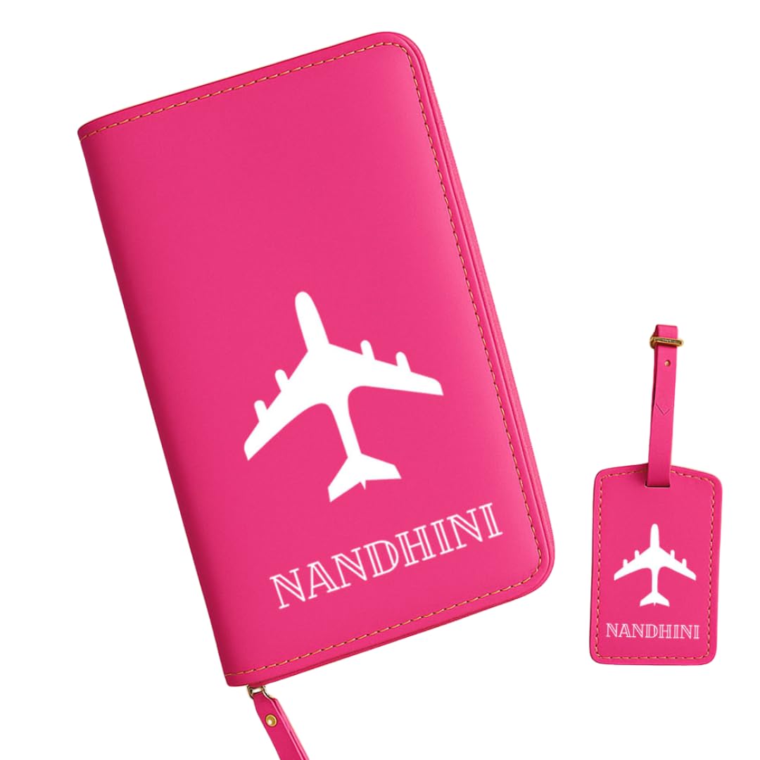 Customized Passport Travel Wallet with Luggage Tag Set, Pink Faux Leather,Airplane Design, Multiple Card Slots and Zip Closure-image-40