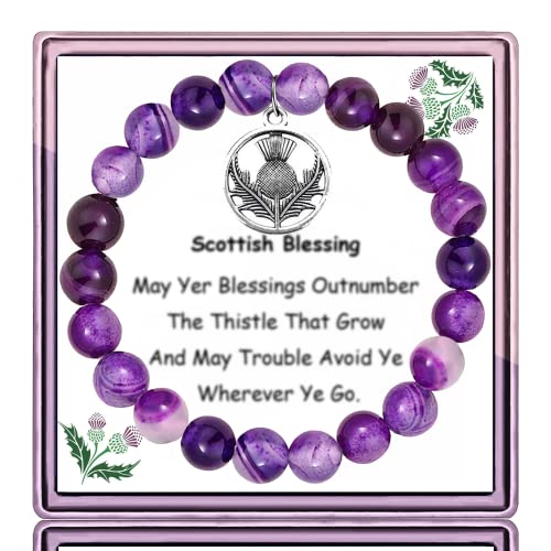 ARHTF Sassenach Gift Scottish Thistle Bracelet, Celtic Charm Blessing With Amethyst Beads, Flower Jewelry for Women