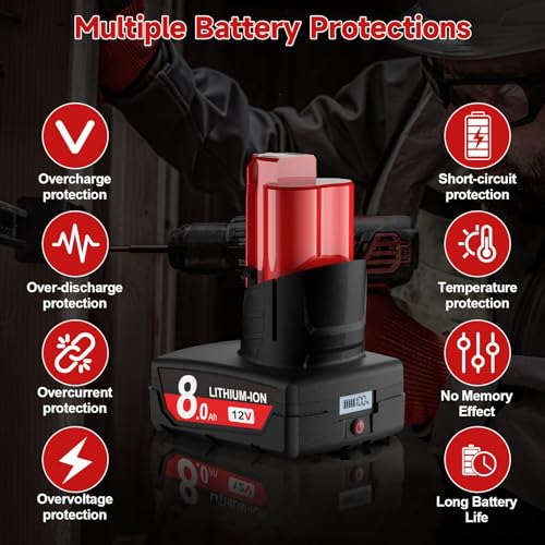Image of 2Pack 8.0Ah Replacement for Milwaukee M12 Battery 12V Battery with LCD Display Compatible with 12 Volt 48-11-2401 48-11-2412 48-11-2411 48-11-2420 48-11-2410 Cordless Power Tools