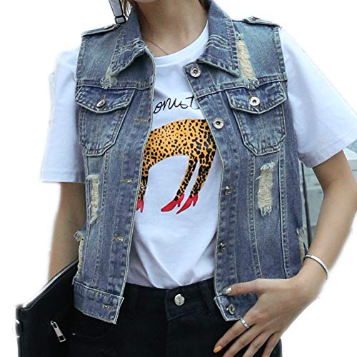 Fesky Womens Blue Denim Vest Jean Waistcoat Vest Distressed Jacket for Women Girls Sleeveless