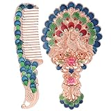 Abaodam Vintage with Comb Handheld Makeup Mirror with Peacocks Pattern, Portable Zinc-Alloy Cosmetic Mirror