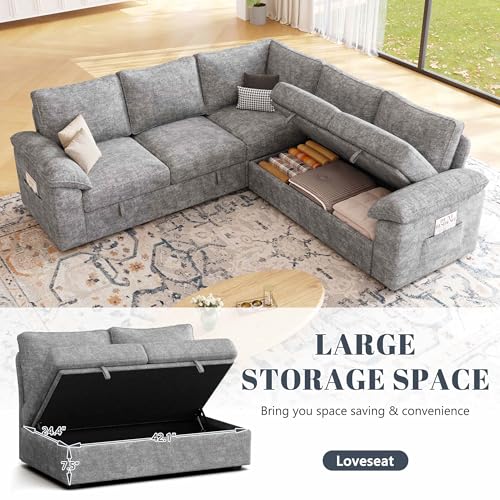 Image of 85 Inch Modular Sectional Sofa with Pull Out Bed, L Shaped 5 Seat Sectional Sleeper Sofa with Storage, Sectional Couches for Living Room, Cloud Modular Couch,Removable Sofa Cover,Light Grey