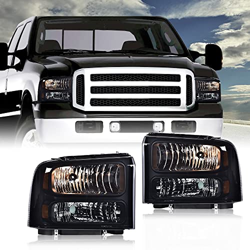 Image of GRAND ORANGE Headlights Assembly Compatible with Ford F250 F350 F450 F550 Super Duty 1999-2004 / Fit Ford Excursion 2000-2004 Headlamp Smoke lens Black Housing Amber Reflector