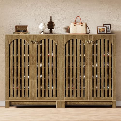 Image of Tribesigns Shoe Cabinet Set of 2, Wood Shoe Organizer Cabinet with Doors & Adjustable Shelves, Shoe Storage Rack for Entryway, Living Room