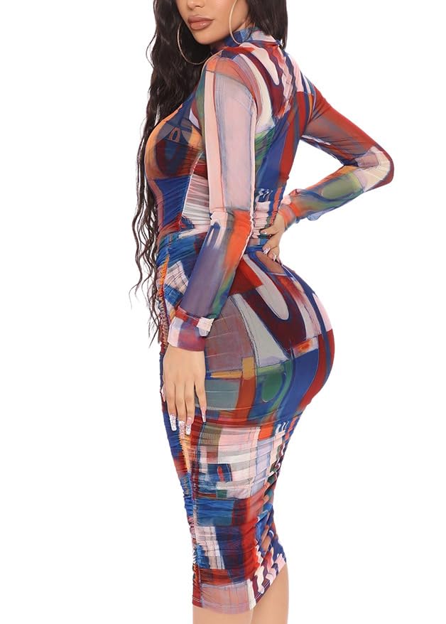 Image of MOEENCN Sexy Long Sleeve Midi Dress for Women Sheer Mesh Printed 2 Piece Skirt Set Crew Neck See Through Bodycon Party