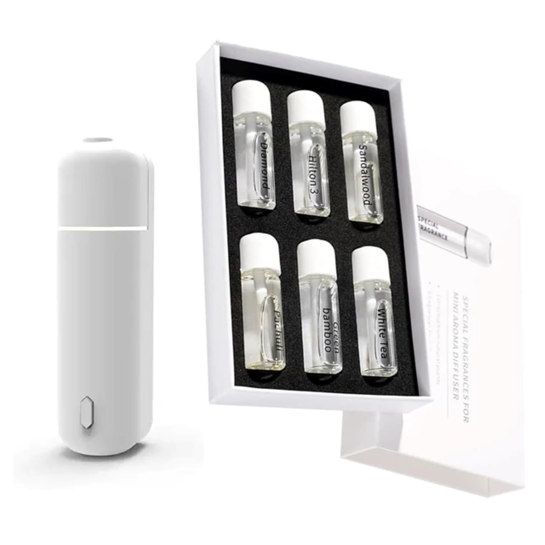 Diffusore ad ultrasuoni USB ricaricabile Nomade di Oli Essenziali con 6 Bottiglie di Aroma: Aromaterapia in Strada e Casa (bianco)