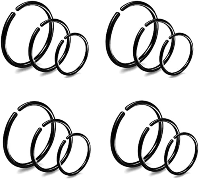 TBNO.1 12pc 20G 0.8mm 316L Stainless Steel Nose Ring Hoop Cartilage Hoop Septum Piercing 6-10mm (Black: 12pc (6/8/10mm Each 4pc))