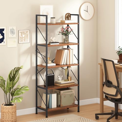 DWVO Scaffale per libri a 5 ripiani, in legno e metallo, libreria industriale, scaffale alto per soggiorno, cucina, camera da letto, scaffale rustico marrone